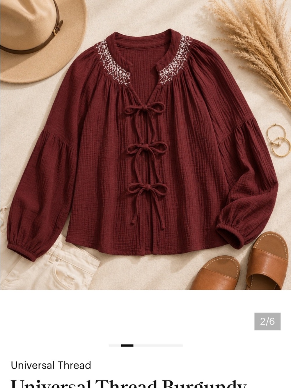 Women's Raglan Long Sleeve Tie-Front Blouse - Universal Thread™ Maroon new 🆕 - Picture 2 of 4